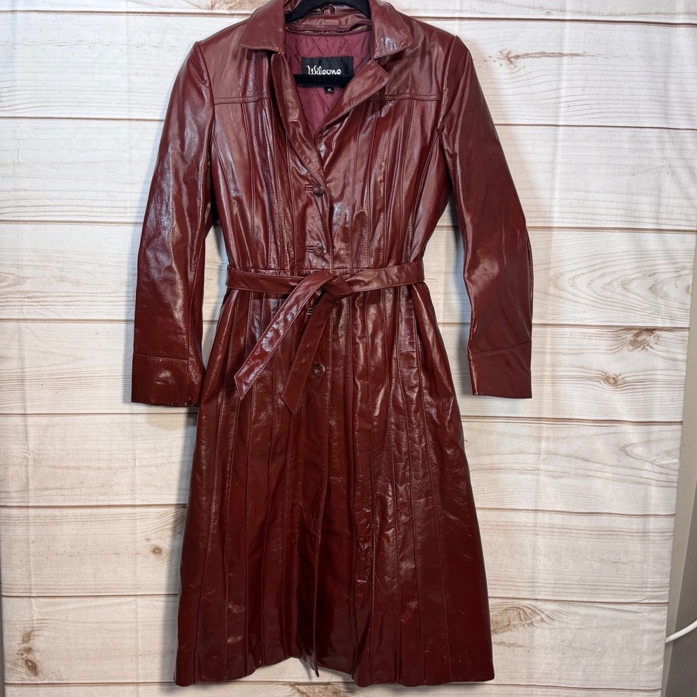 70's Mob Wife Wilsons Leather Trench Coat Womens 10 Burgundy Red Belted Longline
